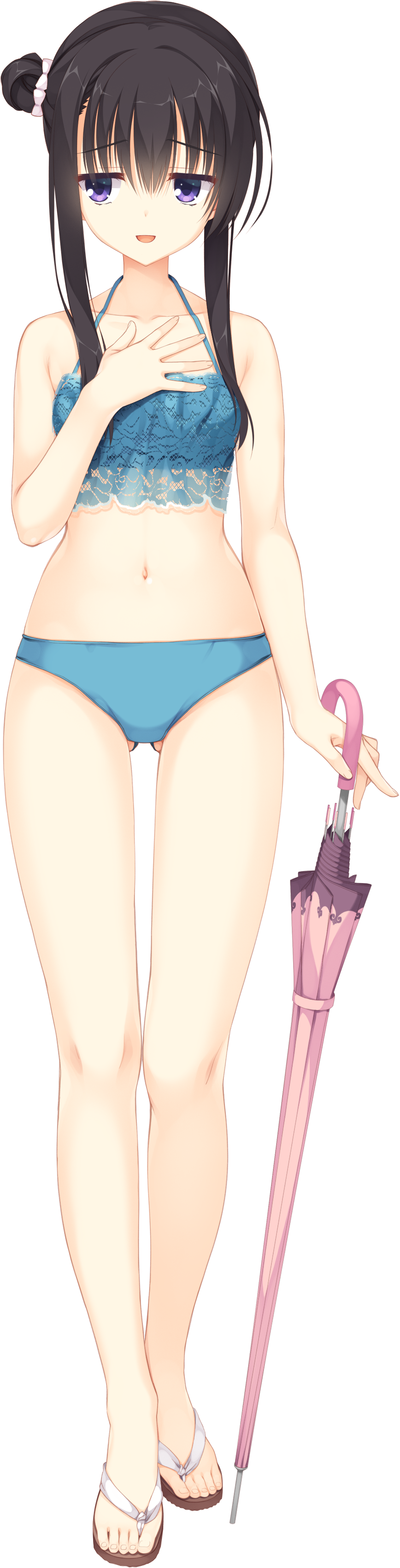 absurdres ass_visible_through_thighs bangs bikini black_hair blue_bikini collarbone eyebrows_visible_through_hair full_body halter_top halterneck hand_on_own_chest highres holding holding_umbrella jitome kobuichi long_hair looking_to_the_side navel nijouin_hazuki non-web_source official_art open_mouth purple_eyes riddle_joker sandals side_bun sidelocks solo standing swimsuit transparent_background umbrella