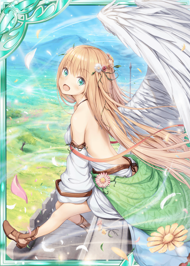 :d akkijin angel angel_wings back bare_shoulders blonde_hair blue_sky breasts card_(medium) day dress feathers field flower green_eyes hair_flower hair_ornament looking_at_viewer mountain official_art open_mouth shinkai_no_valkyrie sitting sky small_breasts smile solo sunlight tree white_dress wings