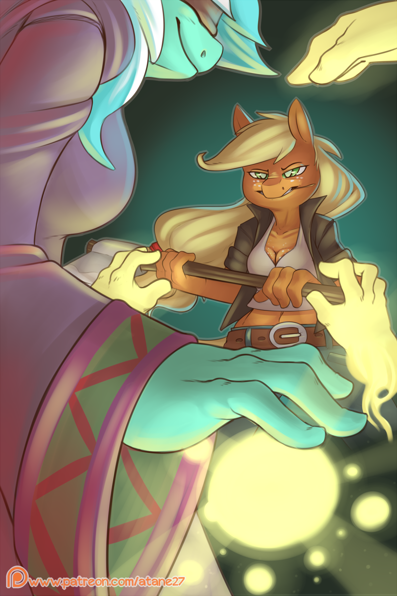 anthro applejack_(mlp) atane27 belt clothed clothing digital_media_(artwork) earth_pony equine female freckles friendship_is_magic hair hi_res holding_object holding_weapon horse long_hair mammal my_little_pony patreon pony weapon