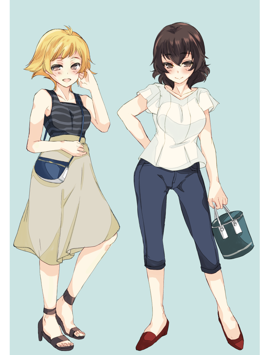 abenattou anklet bag bangs black_shirt blonde_hair blue_pants brown_eyes brown_hair brown_skirt caesar_(girls_und_panzer) capri_pants carrying casual closed_mouth commentary erwin_(girls_und_panzer) eyebrows_visible_through_hair flats full_body girls_und_panzer green_background hand_in_hair hand_on_hip handbag high-waist_skirt holding jewelry looking_at_viewer medium_skirt multiple_girls no_hat no_headwear no_legwear open_mouth pants pointy_hair red_footwear sandals shirt short_hair short_sleeves simple_background skirt sleeveless sleeveless_shirt smile standing striped striped_shirt white_shirt