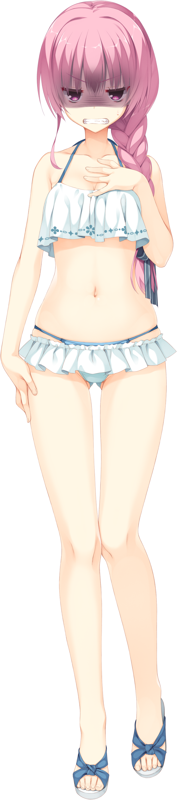 absurdres angry bikini bikini_skirt braid breast_suppress eyebrows_visible_through_hair full_body grin hair_over_shoulder halter_top halterneck hand_on_hip highres jitome kobuichi layered_bikini long_hair long_image looking_at_viewer mitsukasa_ayase navel non-web_source official_art pink_eyes pink_hair riddle_joker sandals shaded_face smile solo standing swimsuit tall_image tankini transparent_background v-shaped_eyebrows