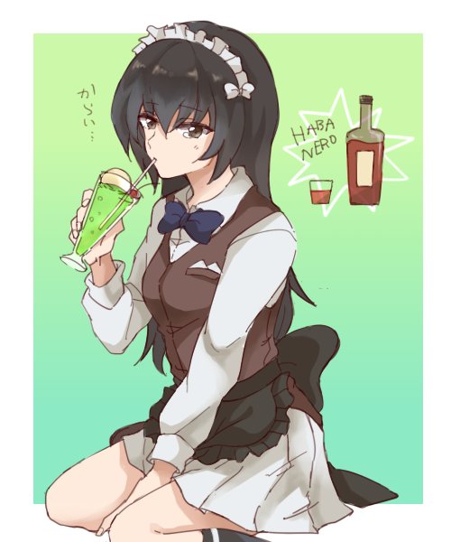 alpachiiino apron arm_support bangs black_apron black_hair black_legwear black_neckwear bottle bow bowtie brown_eyes brown_vest commentary cosplay cup cutlass_(girls_und_panzer) cutlass_(girls_und_panzer)_(cosplay) dress_shirt drinking drinking_glass drinking_straw eyebrows_visible_through_hair food frilled_apron frills fruit girls_und_panzer glass gradient gradient_background green_background hairband handkerchief holding large_bow lemon long_hair maid_headdress miniskirt outside_border pleated_skirt print_legwear reizei_mako shirt shot_glass sitting skirt socks solo tearing_up vest waist_apron wariza white_hairband white_shirt white_skirt wing_collar