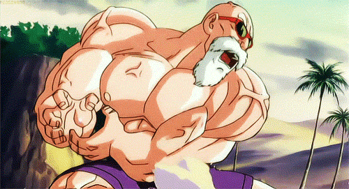 animated animated_gif bald beard day dragon_ball facial_hair fighting_stance full_body kamehameha lowres male_focus muscle mustache muten_roushi non-web_source open_mouth outstretched_arms palm_tree screencap shorts standing sunglasses tree