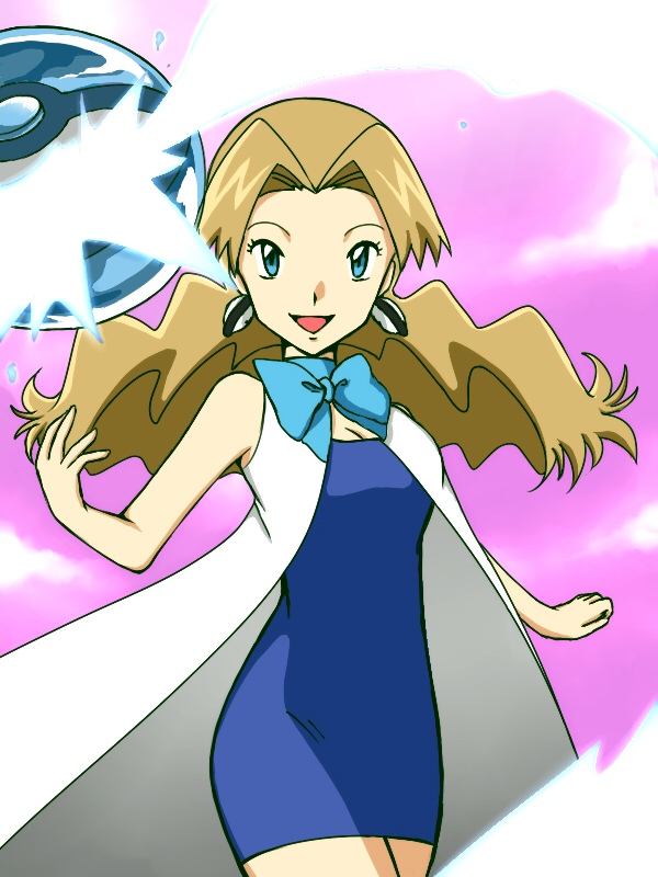 :d blue_dress blue_eyes bow breasts brown_hair cleavage commentary_request dress earrings jewelry long_hair looking_at_viewer medium_breasts mii_snowdon mm17 older open_mouth poke_ball pokemon pokemon_(anime) pokemon_(classic_anime) pokemon_m03 short_dress sleeveless sleeveless_dress smile solo