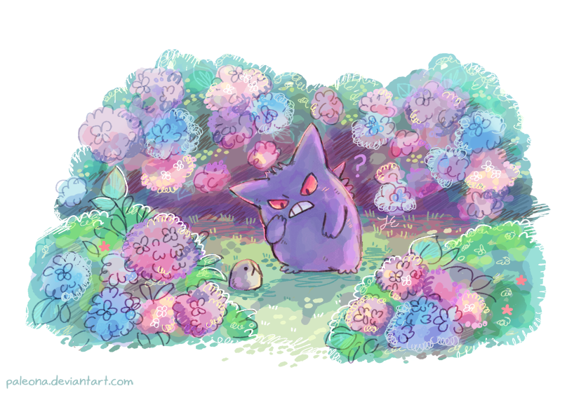 bush commentary creature english_commentary frown gen_1_pokemon gen_4_pokemon gengar ghost grass hand_on_own_cheek looking_away looking_down no_humans outdoors paleona pokemon pokemon_(creature) red_eyes rock spiritomb