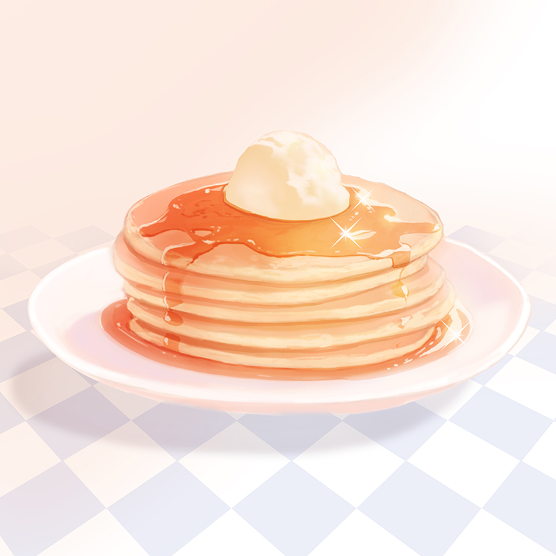 commentary_request food glint no_humans original pancake pink_background plate sibyl stack_of_pancakes still_life syrup