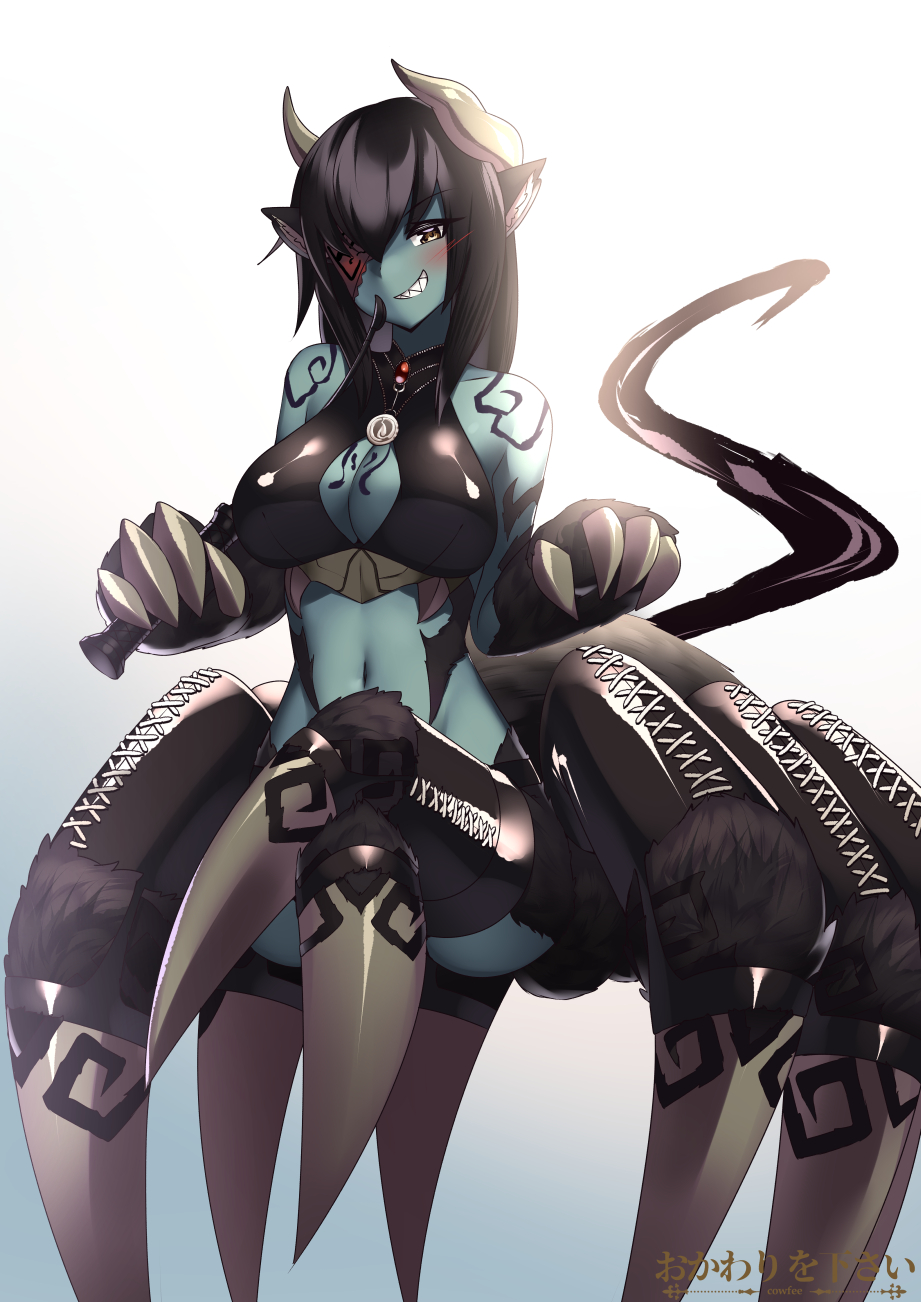 animal_ears arachne bare_shoulders black_hair brown_eyes claws commentary commission cow_ears cowfee crossed_legs dominatrix english_commentary eyepatch fur gradient gradient_background green_skin grin highres holding horns insect_girl looking_at_viewer monster_girl monster_girl_encyclopedia navel paws riding_crop sharp_teeth simple_background smile solo spider_girl tattoo teeth ushi-oni_(monster_girl_encyclopedia)