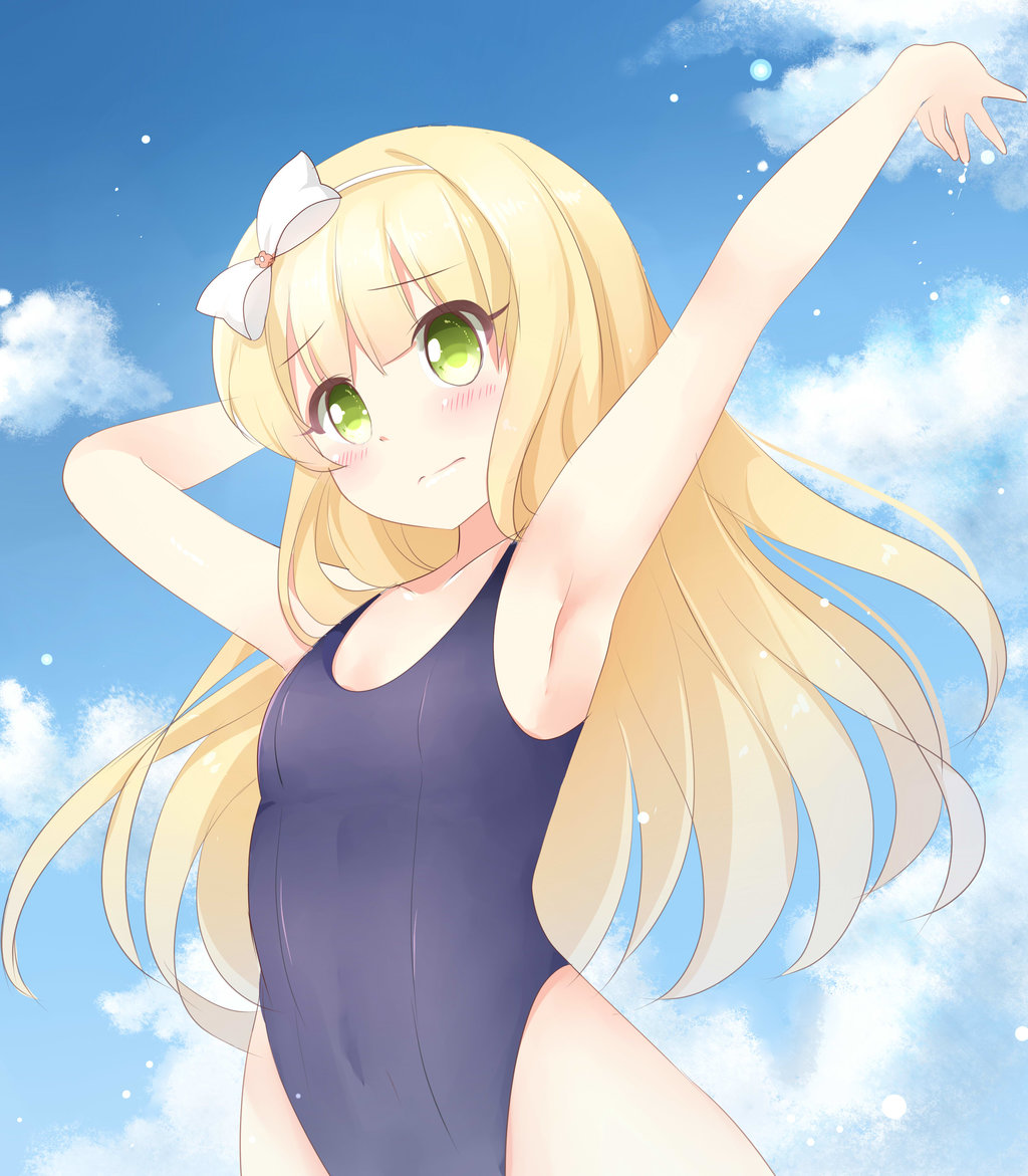 1girl agung_syaeful_anwar armpits azuki_azusa blonde_hair blue_sky blue_swimsuit blush bow closed_mouth cloud cloudy_sky commentary covered_navel embarrassed flat_chest green_eyes hair_bow hairband hand_behind_head hands_up hentai_ouji_to_warawanai_neko. highleg highleg_swimsuit long_hair looking_at_viewer one-piece_swimsuit outdoors sky solo standing swimsuit white_bow