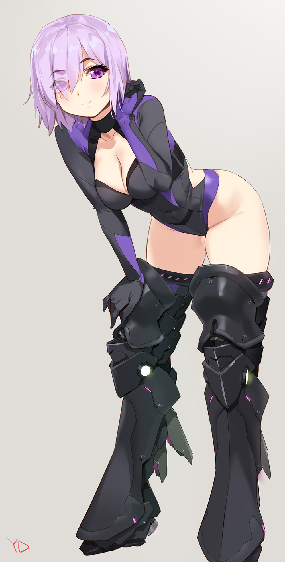 adjusting_hair armor armored_boots artist_name bangs black_armor black_leotard blush boots breasts cleavage cleavage_cutout clenched_hand closed_mouth collarbone commentary covered_collarbone covered_navel eyebrows_visible_through_hair eyes_visible_through_hair fate/grand_order fate_(series) from_side full_body gloves glowing greaves grey_background groin hair_over_one_eye hand_on_own_knee hand_on_own_thigh hand_up highleg highleg_leotard highres hip_vent lavender_hair leaning_forward leotard light_smile long_sleeves looking_at_viewer mash_kyrielight medium_breasts neon_trim ortenaus purple_eyes purple_hair short_hair signature simple_background smile solo standing thighhighs thighs turtleneck yang-do