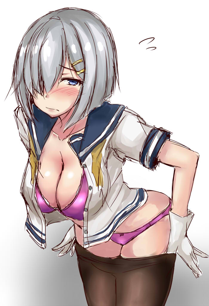 blue_eyes blue_sailor_collar blush bra breasts cleavage closed_mouth collarbone commentary flying_sweatdrops frown gloves gradient gradient_background hair_over_one_eye half-closed_eyes hamakaze_(kantai_collection) kantai_collection large_breasts leaning_forward looking_at_viewer open_clothes open_shirt panties pantyhose pantyhose_pull pink_bra pink_panties pulled_by_self sailor_collar school_uniform serafuku shirt short_hair short_sleeves silver_hair sketch solo standing terakoya unbuttoned unbuttoned_shirt underwear undressing white_background white_gloves white_shirt