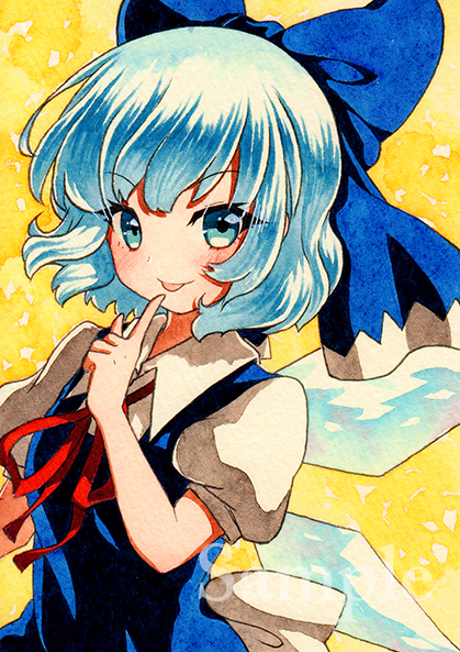 :p bangs blue_bow blue_eyes blue_hair blue_wings blush bow cirno eyebrows_visible_through_hair finger_to_mouth hair_bow ice ice_wings looking_at_viewer neck_ribbon puffy_short_sleeves puffy_sleeves qqqrinkappp red_ribbon ribbon sample short_hair short_sleeves solo tongue tongue_out touhou traditional_media upper_body wings yellow_background