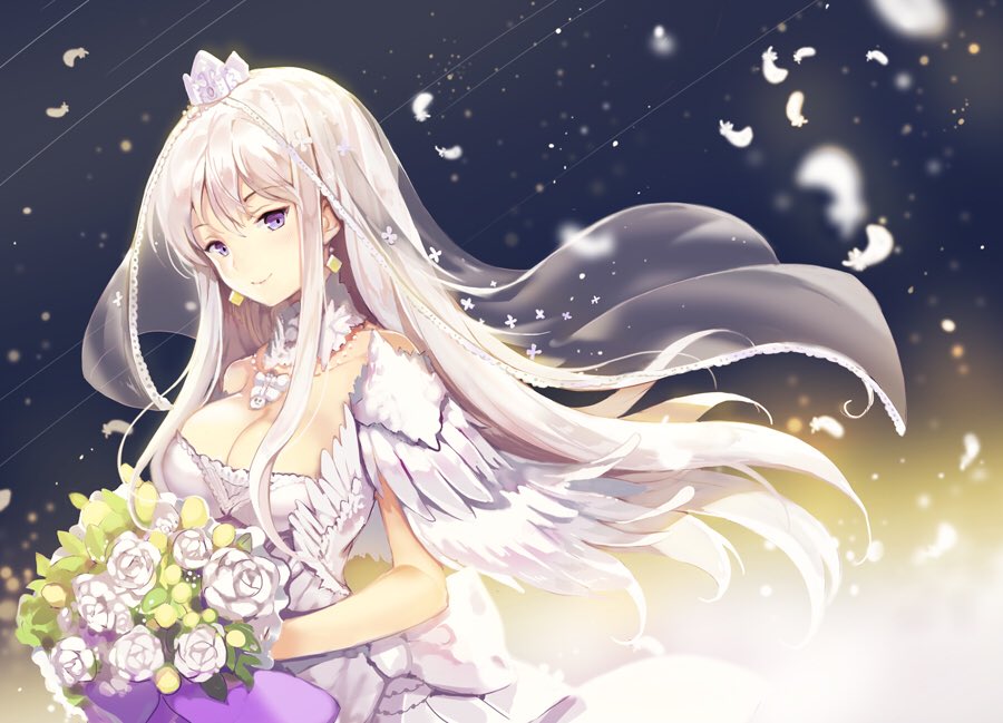 azur_lane bouquet breasts bride cleavage closed_mouth commentary_request crown detached_collar dress enterprise_(azur_lane) feathers floating_hair flower jewelry large_breasts long_hair looking_at_viewer necklace pink_hair purple_eyes rose sibyl smile solo standing veil wedding_dress white_dress white_flower white_rose