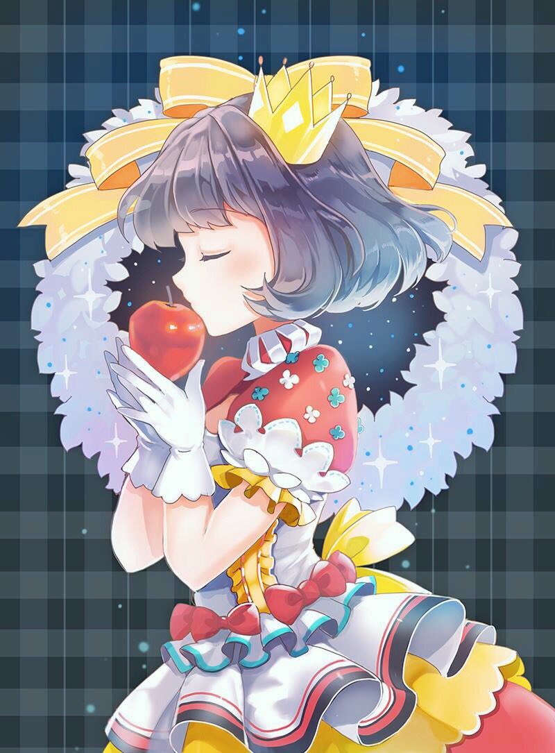 apple blush bow closed_eyes commentary_request crown eyebrows_visible_through_hair food frills fruit gloves original profile puffy_short_sleeves puffy_sleeves purple_hair red_bow short_sleeves sibyl skirt solo white_gloves