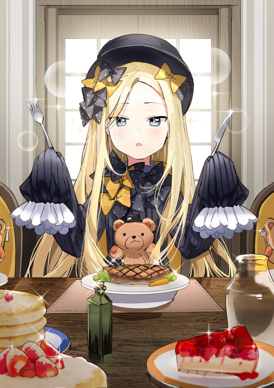 abigail_williams_(fate/grand_order) bangs black_bow black_dress black_hat blonde_hair blue_eyes blush bow cake chair cheesecake commentary_request day dress eyebrows_visible_through_hair fate/grand_order fate_(series) food forehead fork fruit hair_bow hands_up hat highres holding holding_fork holding_knife indoors knife long_hair long_sleeves mini_hat on_chair orange_bow pancake parted_bangs parted_lips polka_dot polka_dot_bow popuru sitting sleeves_past_fingers sleeves_past_wrists slice_of_cake solo sparkle stack_of_pancakes steak strawberry stuffed_animal stuffed_toy sunlight table teddy_bear very_long_hair window