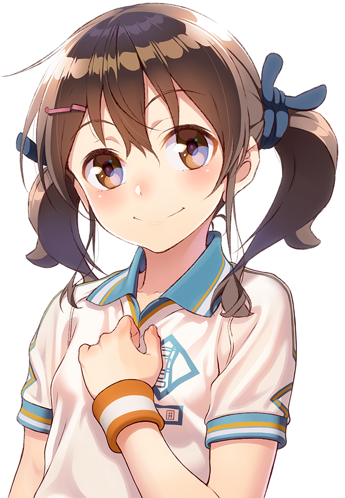 aoi_sora_(pairan) black_ribbon blush brown_eyes brown_hair closed_mouth clothes_writing collared_shirt gym_shirt hair_ornament hair_ribbon hairclip hand_on_own_chest head_tilt long_hair looking_at_viewer nose_blush original pairan ribbon shiny shiny_hair shirt short_sleeves simple_background smile solo sweatband tareme twintails upper_body white_background white_shirt wing_collar