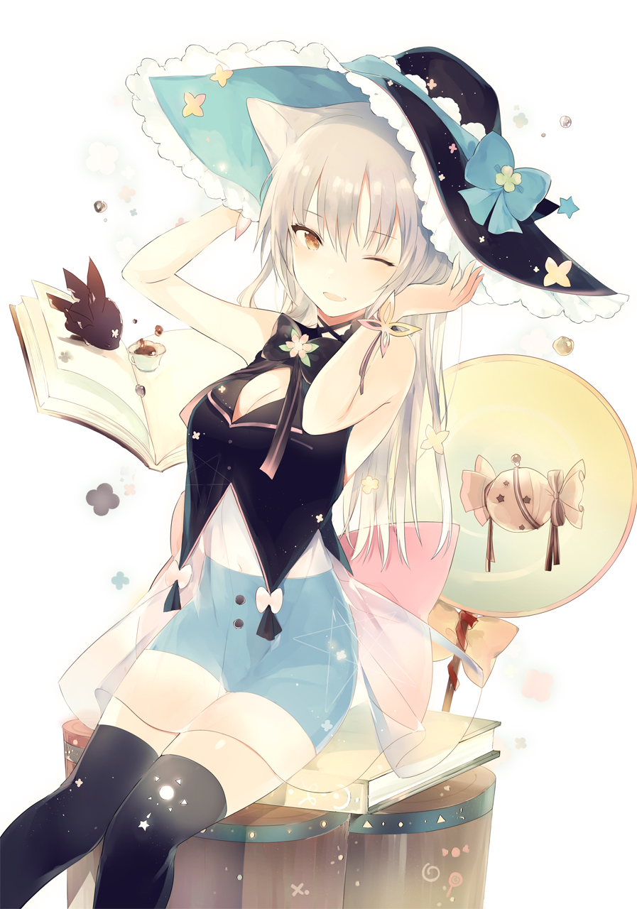 ;) animal_ears bangs black_legwear blush book breasts brown_eyes candy cat_ears cleavage comitia_124 commentary_request eyebrows_visible_through_hair food grey_hair hat high-waist_shorts highres knees_together_feet_apart long_hair looking_at_viewer lpip medium_breasts one_eye_closed open_book original parted_lips see-through see-through_silhouette shorts shorts_under_skirt sitting smile solo thighhighs tsurime vest witch_hat