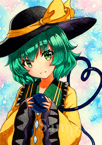 bangs black_hat blush bow eyebrows_visible_through_hair green_eyes green_hair hat hat_bow heart heart_of_string holding komeiji_koishi looking_at_viewer open_mouth qqqrinkappp sample sleeves_past_wrists solo third_eye touhou traditional_media upper_body wide_sleeves yellow_bow