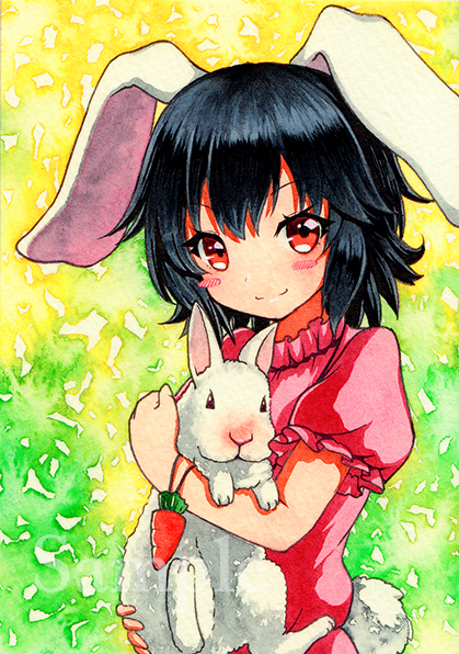 animal animal_ears bangs black_hair blush_stickers bunny bunny_ears bunny_tail carrot_necklace closed_mouth holding holding_animal inaba_tewi looking_at_viewer puffy_short_sleeves puffy_sleeves qqqrinkappp red_eyes sample short_hair short_sleeves smile tail touhou traditional_media