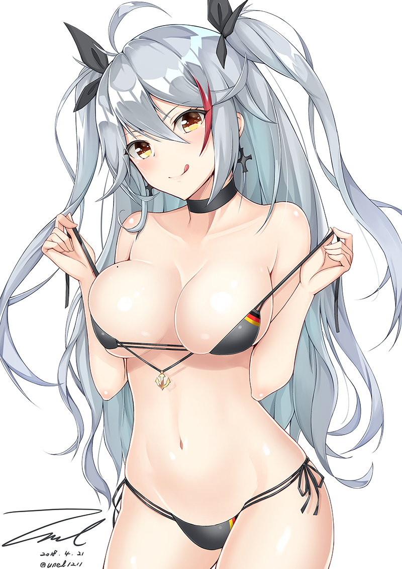 :q alternate_costume anchor_symbol antenna_hair azur_lane bangs bikini black_bikini black_choker blush breast_lift breasts brown_eyes choker cleavage closed_mouth collarbone cowboy_shot cross cross_earrings curvy dated earrings eyebrows_visible_through_hair eyes_visible_through_hair flag_print german_flag_bikini hair_between_eyes head_tilt holding_bikini_top iron_cross jewelry large_breasts leaning_forward long_hair looking_at_viewer mole mole_on_breast multicolored_hair navel prinz_eugen_(azur_lane) red_hair shiny shiny_skin side-tie_bikini signature silver_hair simple_background skindentation smile solo standing stomach streaked_hair swimsuit thighs tongue tongue_out twitter_username two_side_up unel untied untied_bikini very_long_hair white_background