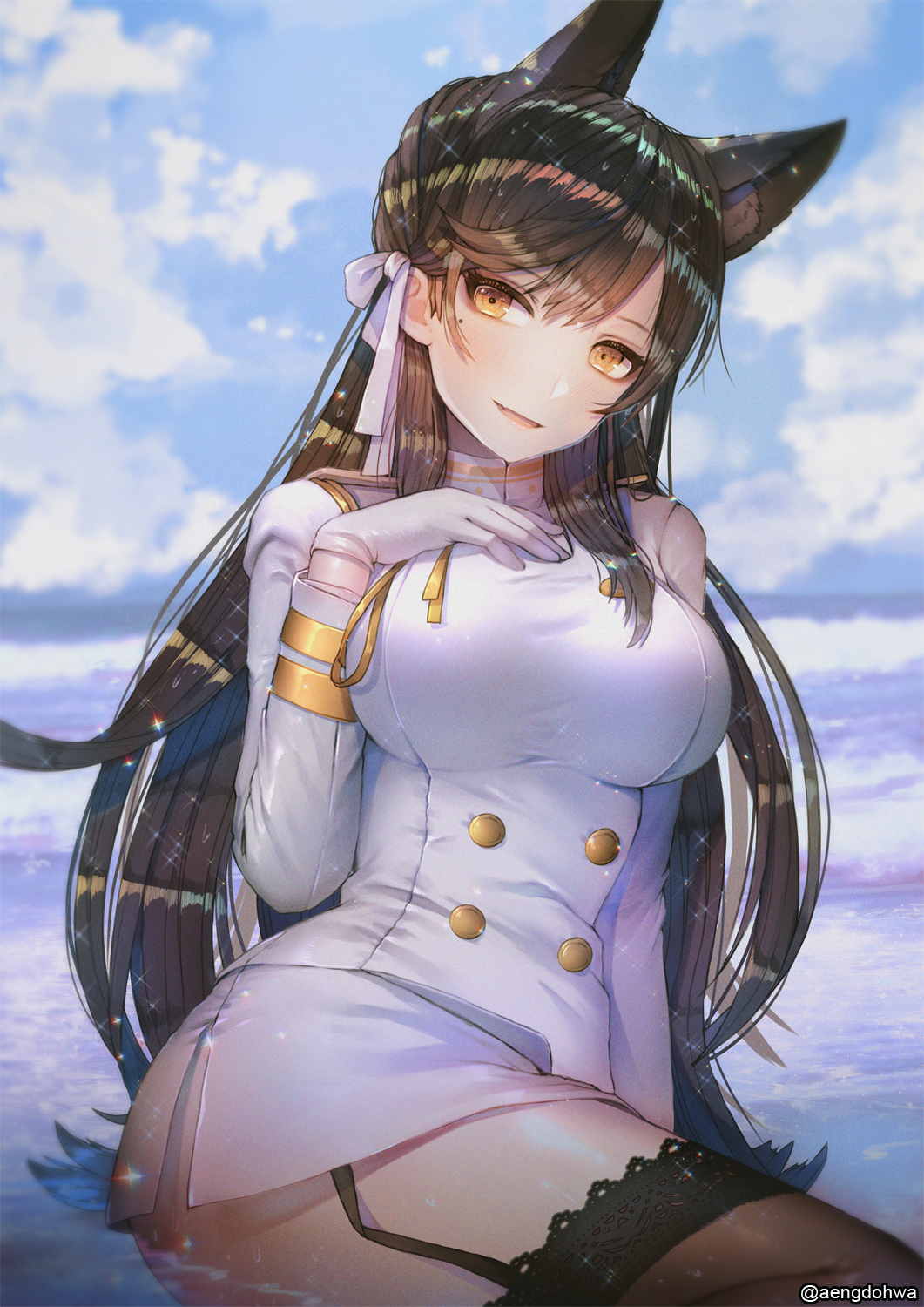 animal_ears arm_support ass atago_(azur_lane) azur_lane bangs black_hair black_legwear blue_sky blush breasts brown_eyes buttons closed_mouth cloud commentary day double-breasted epaulettes extra_ears eyebrows_visible_through_hair fang fox_ears garter_straps gloves hair_ornament hair_over_shoulder hair_ribbon half-closed_eyes hanato_(seonoaiko) hand_on_own_chest head_tilt high_collar highres jacket lace-trimmed_legwear large_breasts light_particles long_hair looking_at_viewer makeup military military_uniform mole mole_under_eye ocean parted_lips pencil_skirt ribbon sitting sitting_on_water skirt sky smile solo sparkle static swept_bangs thighhighs thighs twisted_torso twitter_username uniform very_long_hair water water_drop wet white_gloves white_jacket white_ribbon white_skirt yokozuwari