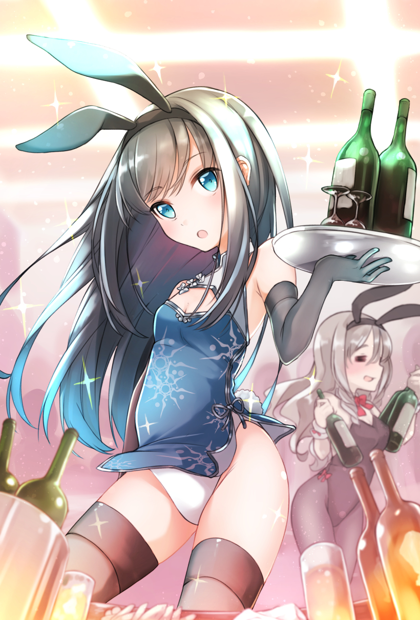 animal_ears asashio_(kantai_collection) bare_shoulders black_gloves black_hair black_legwear black_leotard blue_eyes blush bottle bow bowtie breasts bunny_ears bunny_girl bunny_tail bunnysuit china_dress chinese_clothes cleavage comah covered_navel cup detached_collar dress drinking_glass drunk elbow_gloves fake_animal_ears glass gloves grey_hair hair_between_eyes highres kantai_collection leotard light_brown_hair long_hair medium_breasts multiple_girls open_mouth pantyhose pola_(kantai_collection) small_breasts strapless strapless_leotard tail thighhighs tray wavy_hair whine white_leotard wine_bottle wrist_cuffs