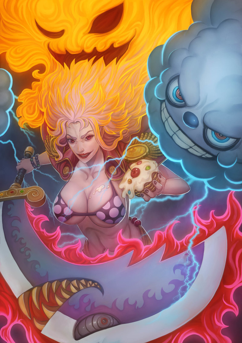 bad_deviantart_id bad_id bikini_top bracelet breasts cake charlotte_linlin cleavage cloud collarbone fire food holding holding_food holding_sword holding_weapon jewelry large_breasts lightning lipstick makeup midriff napoleon_(one_piece) one_piece prometheus_(one_piece) red_eyes sword tubslab weapon younger zeus_(one_piece)