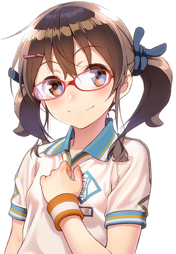 aoi_sora_(pairan) black_ribbon blush brown_eyes brown_hair closed_mouth clothes_writing collared_shirt glasses gym_shirt hair_ornament hair_ribbon hairclip hand_on_own_chest head_tilt long_hair looking_at_viewer nose_blush original pairan red-framed_eyewear ribbon shiny shiny_hair shirt short_sleeves simple_background smile solo sweatband tareme twintails upper_body white_background white_shirt wing_collar