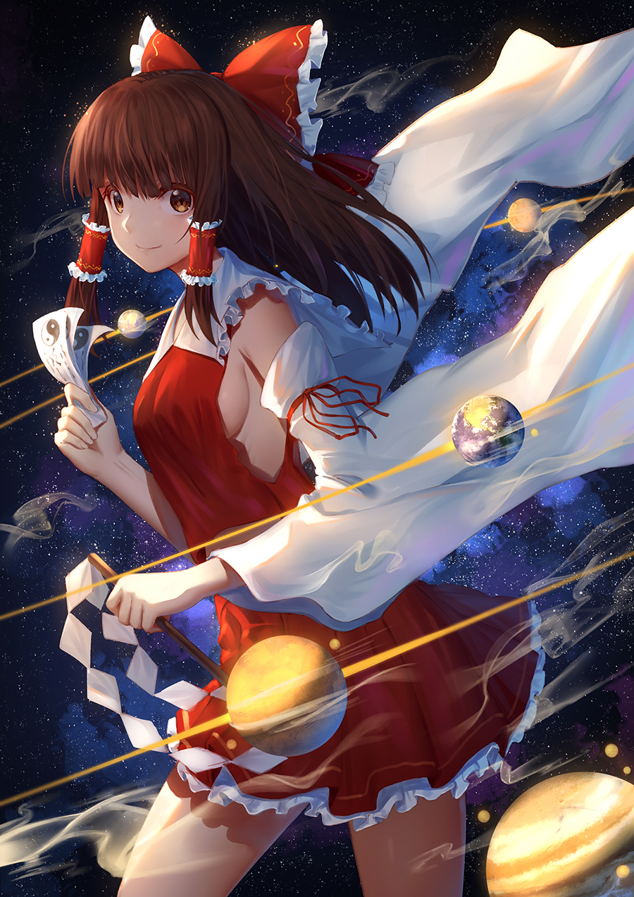 bangs blunt_bangs bow breasts brown_eyes brown_hair chinese_commentary closed_mouth collared_shirt commentary_request covered_nipples cowboy_shot detached_sleeves earth frilled_bow frilled_hair_tubes frilled_shirt_collar frilled_skirt frills from_side gohei hair_bow hair_tubes hakurei_reimu highres holding ji_dao_ji jupiter large_breasts lips long_hair looking_at_viewer mars_(planet) mercury_(planet) midriff_peek moon no_bra nontraditional_miko nose ofuda orbital_ring pleated_skirt red_bow red_shirt red_skirt shirt sideboob sidelocks skirt smile smoke solo space standing star starry_background thighs touhou veins venus_(planet) wide_sleeves yin_yang