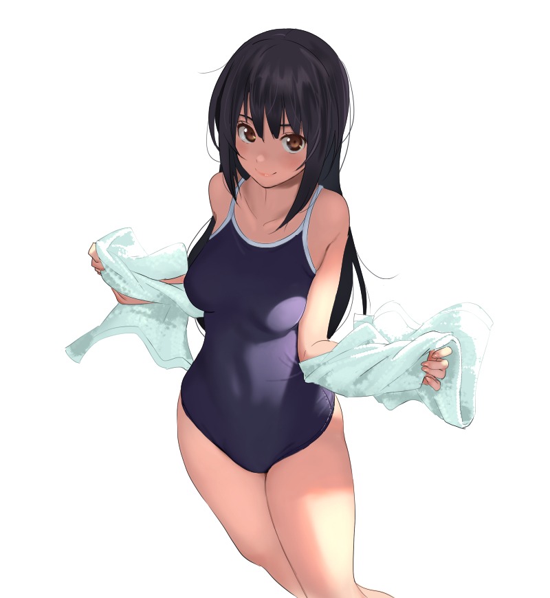 bangs black_hair blush breasts brown_eyes closed_mouth collarbone competition_school_swimsuit cowboy_shot hands_up holding long_hair medium_breasts navel one-piece_swimsuit original school_swimsuit senjitsu_musou shade shadow sidelocks simple_background smile solo standing swimsuit towel white_background