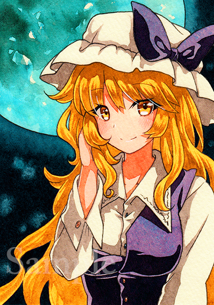 bangs blonde_hair blue_moon blush bow breasts buttons closed_mouth collared_shirt eyebrows_visible_through_hair full_moon hand_up hat hat_bow looking_at_viewer medium_breasts moon purple_bow qqqrinkappp sample shirt sidelocks smile solo touhou traditional_media upper_body watatsuki_no_toyohime white_hat white_shirt yellow_eyes