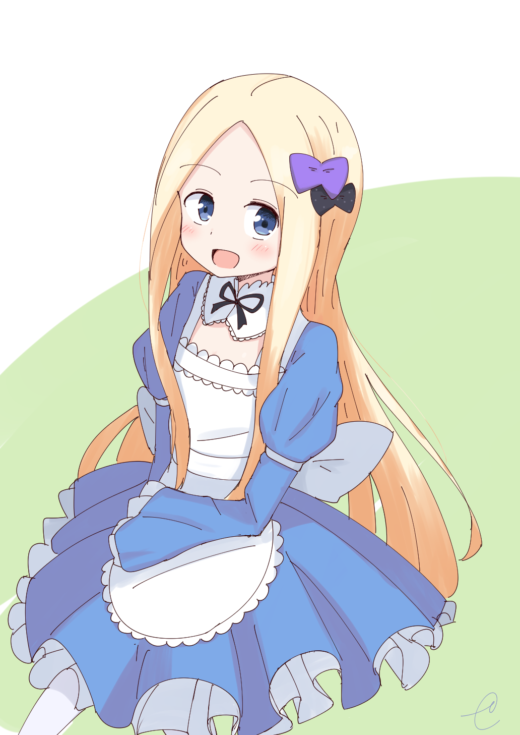 :d abigail_williams_(fate/grand_order) apron bangs black_bow blue_dress blue_eyes blush bow commentary_request dress eyebrows_visible_through_hair fate/grand_order fate_(series) forehead green_background hair_bow highres juliet_sleeves kujou_karasuma long_hair long_sleeves looking_at_viewer open_mouth parted_bangs polka_dot polka_dot_bow puffy_sleeves purple_bow signature smile solo two-tone_background very_long_hair white_apron white_background