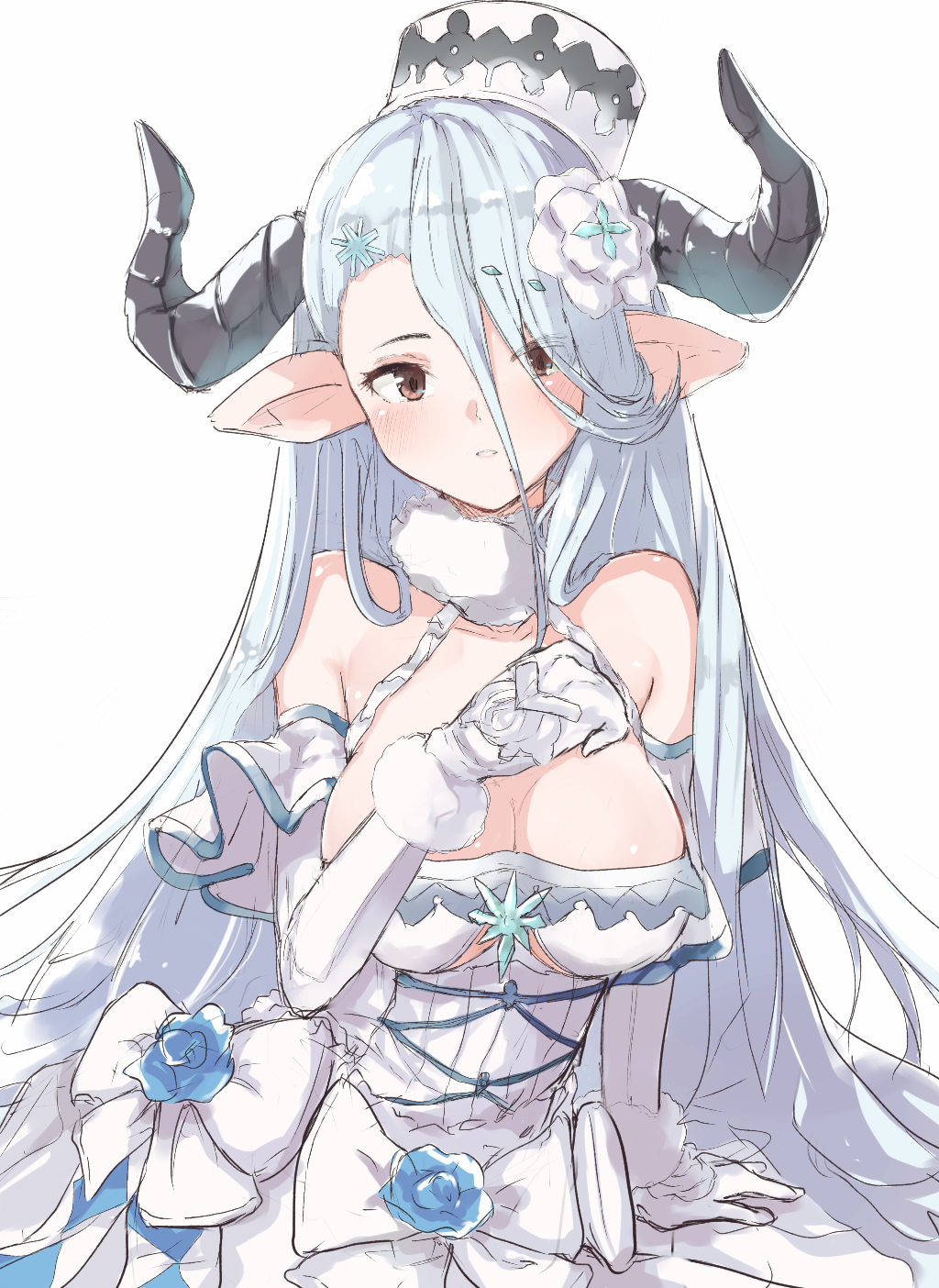bangs bare_shoulders blue_flower blue_rose blush breasts brown_eyes cleavage curled_horns draph dress elbow_gloves eyes_visible_through_hair flan_(harry_mackenzie) flower fur-trimmed_gloves fur_trim gloves granblue_fantasy hair_between_eyes hair_over_one_eye hat highres horns izmir large_breasts long_hair looking_at_viewer mini_hat parted_lips pointy_ears rose silver_hair simple_background solo very_long_hair white_background white_dress white_flower white_gloves white_hat