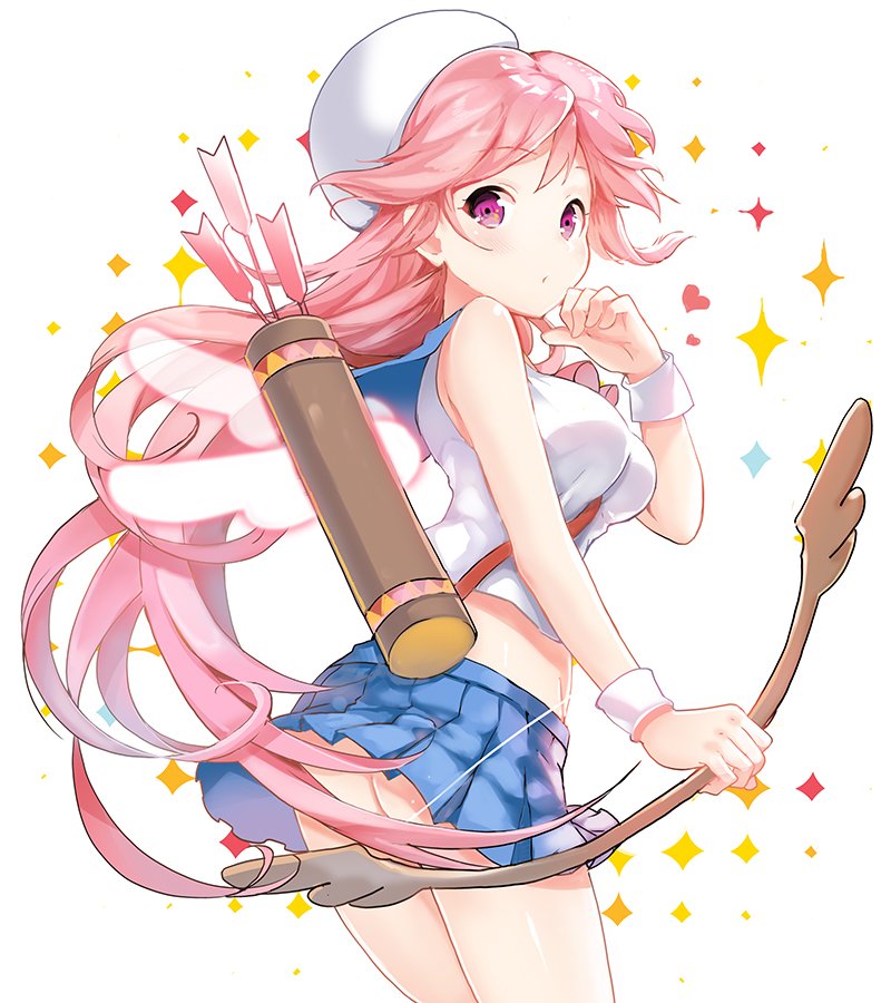 arrow ass between_breasts blue_sailor_collar blush breasts commentary cowboy_shot hand_up hat holding_bow looking_at_viewer original pink_eyes pink_hair pleated_skirt quiver sailor_collar school_uniform serafuku shirt sibyl skirt sleeveless solo strap_cleavage white_hat white_shirt wings wristband