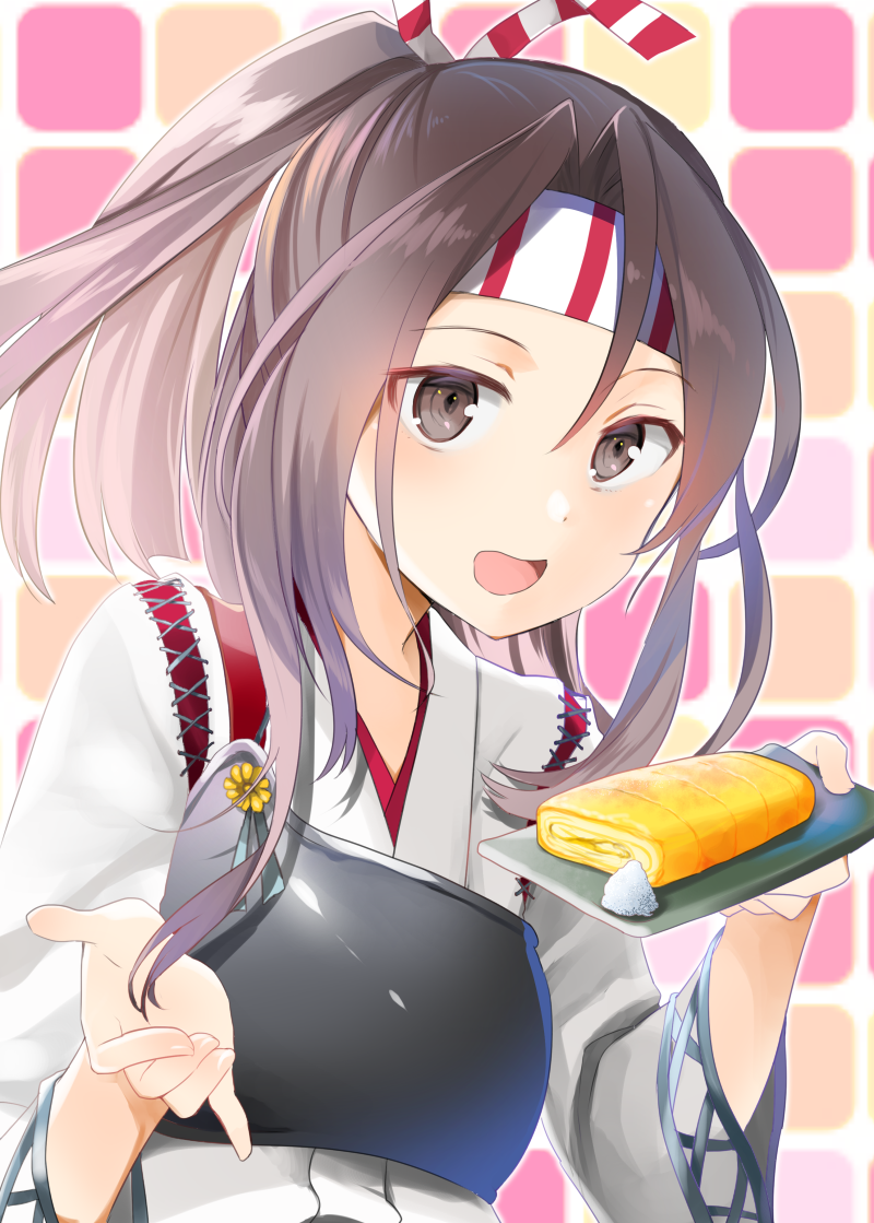 :d brown_eyes brown_hair commentary egg_roll hachimaki headband high_ponytail holding holding_plate japanese_clothes kantai_collection long_hair looking_at_viewer muneate omelet open_mouth plate smile solo tamagoyaki upper_body yunamaro zuihou_(kantai_collection)