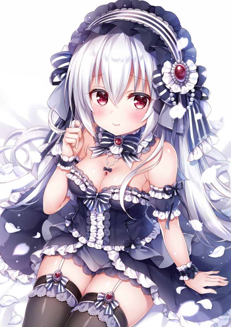 arm_support bangs bare_shoulders black_bow black_dress black_legwear blush bow breasts cleavage closed_mouth commentary_request detached_sleeves dress eyebrows_visible_through_hair frilled_hairband frills garter_straps gothic_lolita hair_between_eyes hair_twirling hairband jewelry lolita_fashion long_hair looking_at_viewer medium_breasts mitsuba_choco original pendant puffy_short_sleeves puffy_sleeves red_eyes short_sleeves silver_hair sitting solo strapless strapless_dress striped striped_bow striped_hairband thighhighs very_long_hair wrist_cuffs