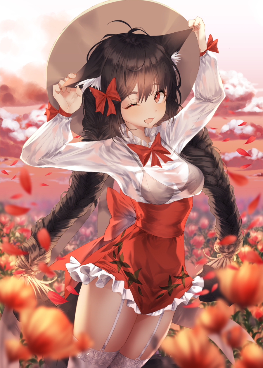 ;d ajirogasa animal_ears arms_up bangs black_bra black_hair blurry_foreground bow bowtie bra braid breasts cat_ears cloud flower garter_straps hair_bow hat highres kinty long_hair looking_at_viewer medium_breasts miniskirt one_eye_closed open_mouth original outdoors petals red_bow red_eyes red_neckwear red_skirt ribbon sash see-through shirt skirt smile solo thighhighs twin_braids underwear white_legwear white_shirt wrist_ribbon