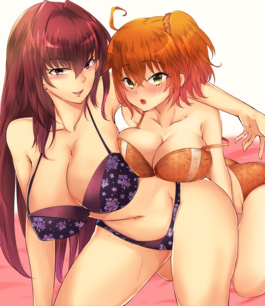 2girls :d :o abi_(ababsksk) ahoge arm arm_support bare_arms bare_legs bare_shoulders bikini blush breast_rest breasts brown_eyes cleavage collarbone embarrassed fate/grand_order fate_(series) female fujimaru_ritsuka_(female) hair_intakes highres huge_breasts large_breasts legs lips long_hair looking_at_viewer midriff multiple_girls navel neck off_shoulder open_mouth orange_bikini orange_hair orange_swimsuit purple_bikini purple_swimsuit red_hair scathach_(fate/grand_order) short_hair shy side_ponytail strap_slip swimsuit type-moon yuri
