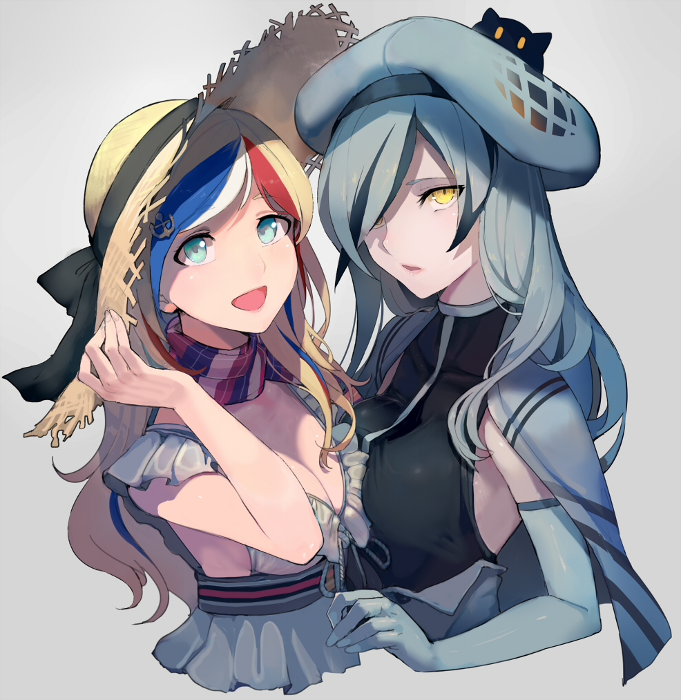 :d beret blonde_hair blue_eyes blue_hair blush bow breast_press breasts cleavage commandant_teste_(kantai_collection) commentary_request dress elbow_gloves gloves grey_hair hair_over_one_eye hat hat_ribbon kantai_collection long_hair looking_at_viewer medium_breasts multicolored_hair multiple_girls no_bra open_mouth red_hair ribbon scarf seaplane_tender_water_hime shinkaisei-kan simple_background sleeveless sleeveless_dress smile streaked_hair sun_hat symmetrical_docking upper_body walzrj white_hair yellow_eyes