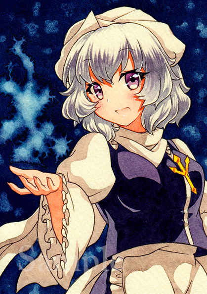 bangs blush eyebrows_visible_through_hair hat juliet_sleeves letty_whiterock long_sleeves looking_at_viewer open_mouth puffy_sleeves purple_eyes qqqrinkappp sample scarf short_hair solo touhou traditional_media upper_body white_hair white_hat white_scarf