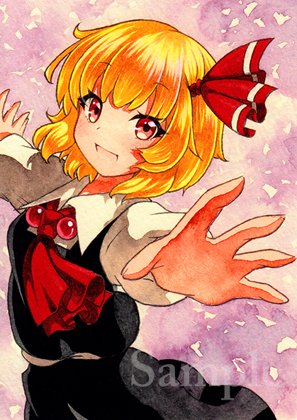 ascot bangs black_skirt blonde_hair blush bow brown_eyes eyebrows_visible_through_hair hair_bow long_sleeves looking_at_viewer open_mouth outstretched_arms qqqrinkappp red_bow rumia sample short_hair skirt skirt_set smile solo touhou traditional_media