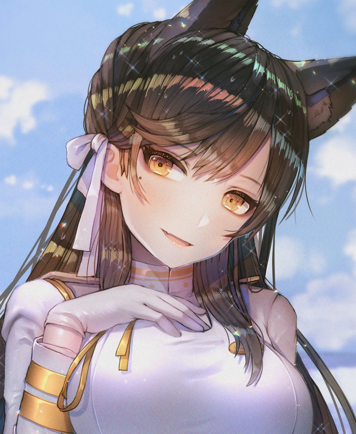 animal_ears atago_(azur_lane) azur_lane bangs black_hair blue_sky blush breasts brown_eyes buttons close-up closed_mouth cloud day double-breasted epaulettes extra_ears eyebrows_visible_through_hair fang fox_ears gloves hair_ornament hair_over_shoulder hair_ribbon half-closed_eyes hanato_(seonoaiko) hand_on_own_chest head_tilt high_collar highres jacket large_breasts light_particles long_hair looking_at_viewer makeup military military_uniform mole mole_under_eye ocean parted_lips ribbon sky smile solo sparkle static swept_bangs thighhighs uniform very_long_hair water_drop wet white_gloves white_jacket white_ribbon