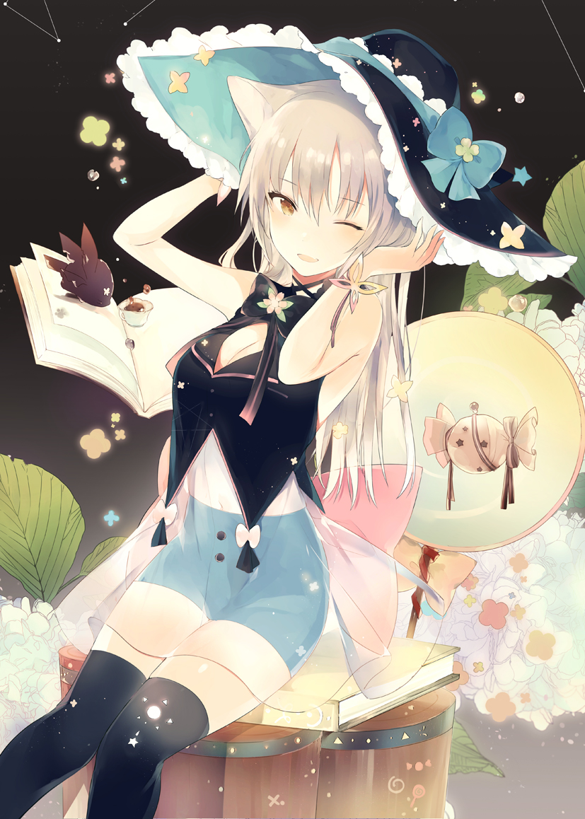 ;) animal_ears bangs black_legwear blush book breasts brown_eyes candy cat_ears cleavage comitia_124 eyebrows_visible_through_hair food grey_hair hat high-waist_shorts knees_together_feet_apart long_hair looking_at_viewer lpip medium_breasts one_eye_closed open_book original parted_lips see-through see-through_silhouette shorts shorts_under_skirt sitting smile solo thighhighs tsurime vest witch_hat