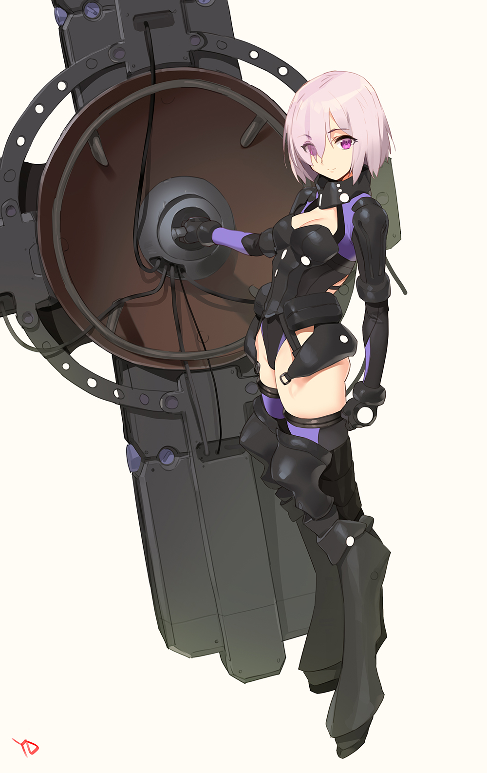 armored_boots artist_name ass bangs black_legwear black_leotard bodysuit boots breasts cleavage closed_mouth eyebrows_visible_through_hair eyes_visible_through_hair fate/grand_order fate_(series) grey_background hair_over_one_eye highres holding leotard looking_at_viewer mash_kyrielight medium_breasts purple_eyes purple_hair shield short_hair signature simple_background smile solo standing thighhighs yang-do