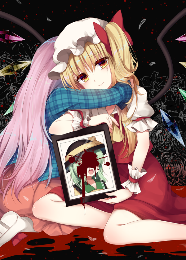 :d ascot black_background black_hat blonde_hair blood blue_shirt bow commentary_request crystal eyebrows_visible_through_hair feet_out_of_frame flandre_scarlet floral_background frilled_shirt_collar frills green_hair hat hat_bow hata_no_kokoro head_tilt holding holding_picture hug komeiji_koishi long_hair long_sleeves looking_at_viewer mob_cap multiple_girls open_mouth picture_(object) picture_frame pink_hair pink_skirt plaid plaid_shirt puffy_short_sleeves puffy_sleeves red_bow red_eyes red_skirt red_vest shikitani_asuka shirt shoes short_hair short_sleeves side_ponytail sitting skirt smile touhou very_long_hair vest white_footwear white_hat wings wrist_cuffs yellow_bow yellow_neckwear