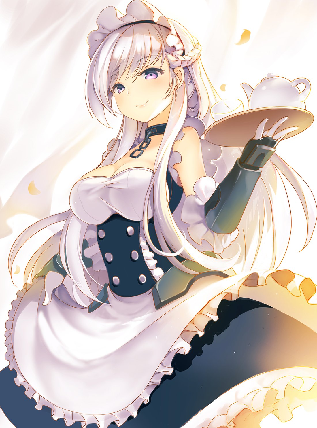 apron azur_lane belfast_(azur_lane) blue_skirt braid breasts bustier cleavage closed_mouth collar commentary_request french_braid gauntlets highres holding large_breasts long_hair looking_at_viewer maid maid_apron maid_headdress metal_collar purple_eyes sibyl silver_hair skirt smile solo standing teapot tray waist_apron white_apron