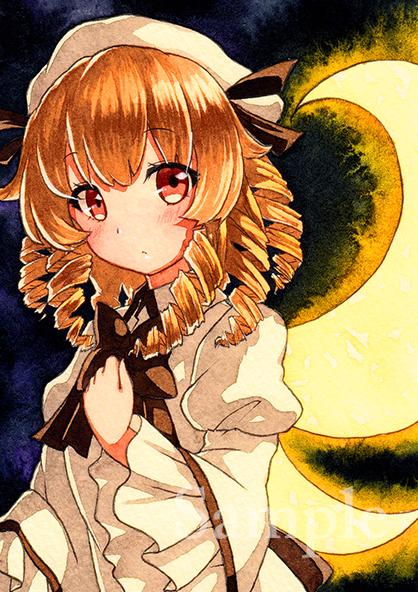 bangs black_neckwear blonde_hair blush bow bowtie brown_eyes closed_mouth drill_hair eyebrows_visible_through_hair fairy_wings hat juliet_sleeves long_sleeves looking_at_viewer luna_child puffy_sleeves qqqrinkappp sample solo touhou traditional_media upper_body watermark white_hat wide_sleeves wings yellow_wings