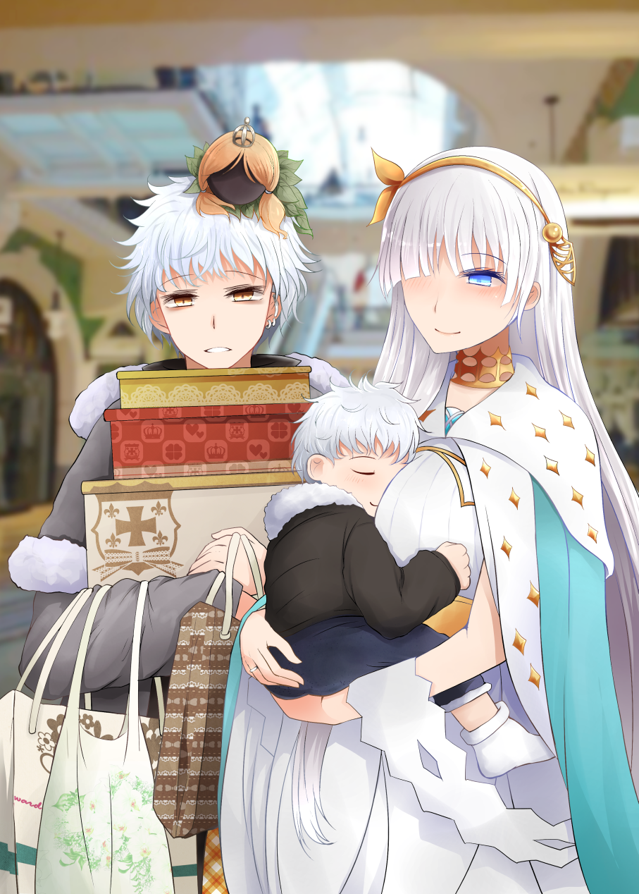 2boys anastasia_(fate/grand_order) arano_oki bag bags_under_eyes blue_cloak blue_eyes blurry blurry_background blush breasts brown_eyes brown_hairband brown_ribbon carrying child cloak closed_eyes closed_mouth commentary_request crown depth_of_field dress fate/grand_order fate_(series) fur-trimmed_jacket fur_trim gold_trim grey_jacket hair_over_one_eye hair_ribbon hairband highres if_they_mated indoors jacket jewelry kadoc_zemlupus large_breasts light_brown_hair long_hair mini_crown multiple_boys ribbon ring shopping_bag silver_hair smile unmoving_pattern very_long_hair wedding_band white_dress