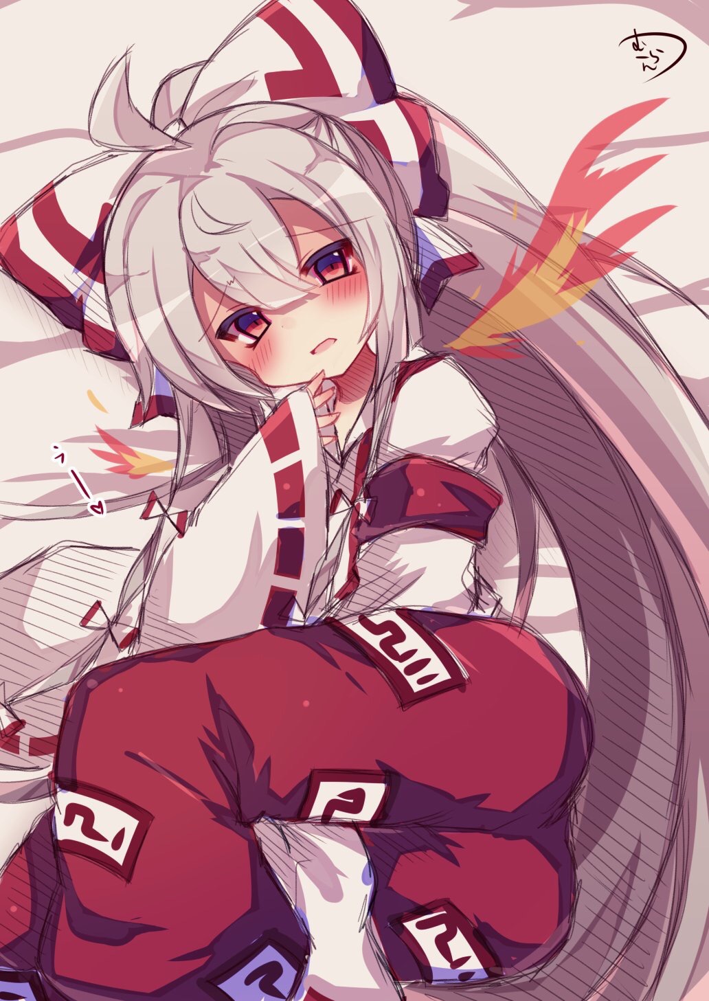 ahoge alternate_hairstyle armband bangs bed bed_sheet blush bow collared_shirt colored_eyelashes commentary_request eyebrows_visible_through_hair fiery_wings fujiwara_no_mokou gradient_eyes hair_between_eyes hair_bow hand_up highres long_hair long_sleeves looking_at_viewer lying multicolored multicolored_eyes muuran ofuda on_side open_mouth pants ponytail purple_eyes red_eyes red_pants ribbon-trimmed_sleeves ribbon_trim shirt signature sketch sleeves_past_wrists solo suspenders tareme touhou very_long_hair white_bow white_shirt wide_sleeves wings