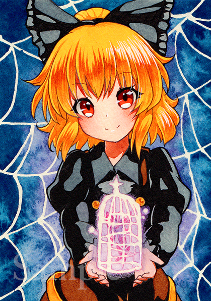 bangs birdcage black_bow blonde_hair bow cage closed_mouth eyebrows_visible_through_hair hair_bow holding juliet_sleeves kurodani_yamame long_sleeves looking_at_viewer puffy_sleeves qqqrinkappp red_eyes sample short_hair silk smile solo spider_web touhou traditional_media