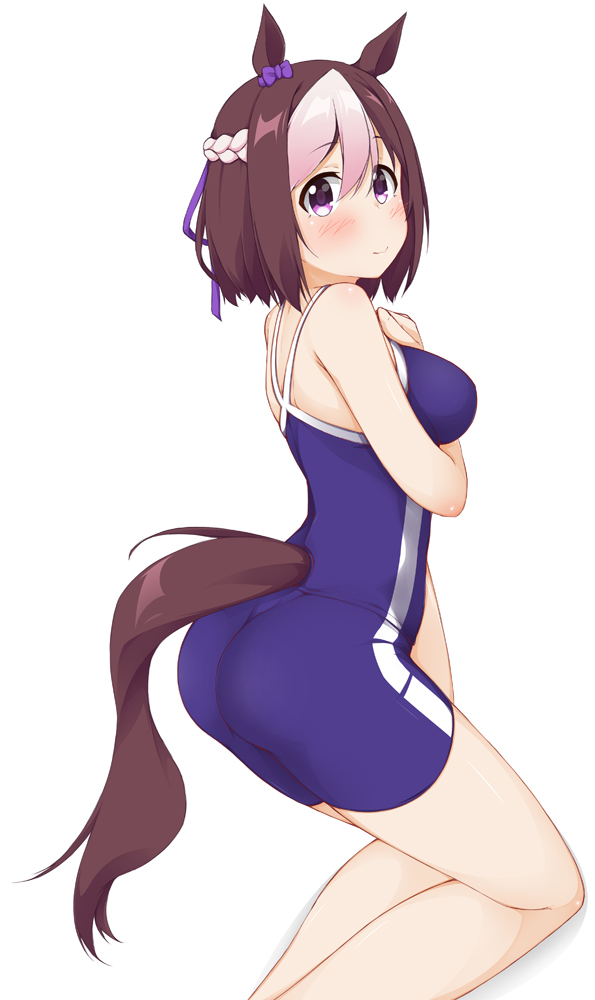 animal_ears ass bangs blue_swimsuit blush braid breasts brown_hair closed_mouth commentary_request competition_swimsuit eyebrows_visible_through_hair hair_between_eyes hand_on_own_chest hinata_masaki horse_ears horse_girl horse_tail looking_at_viewer looking_to_the_side medium_breasts multicolored_hair one-piece_swimsuit pink_hair purple_eyes smile solo special_week swimsuit tail two-tone_hair umamusume white_background